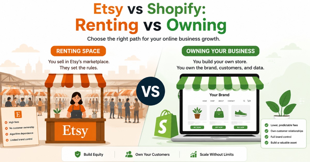 "Etsy marketplace versus Shopify store ownership comparison"