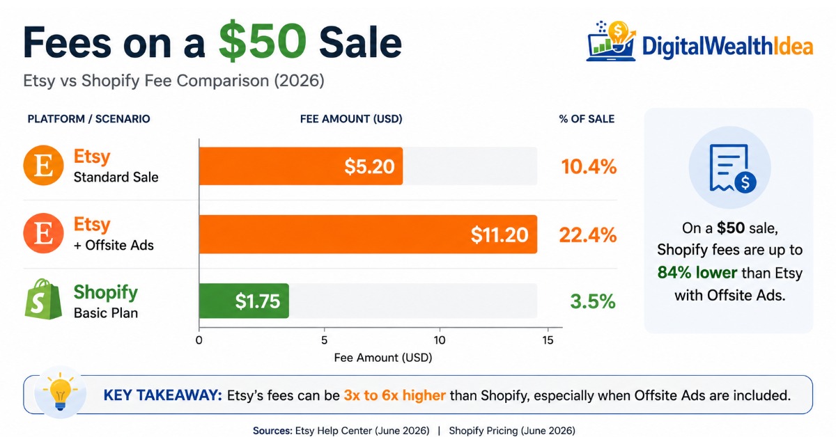 Etsy vs Shopify fee comparison chart 2026