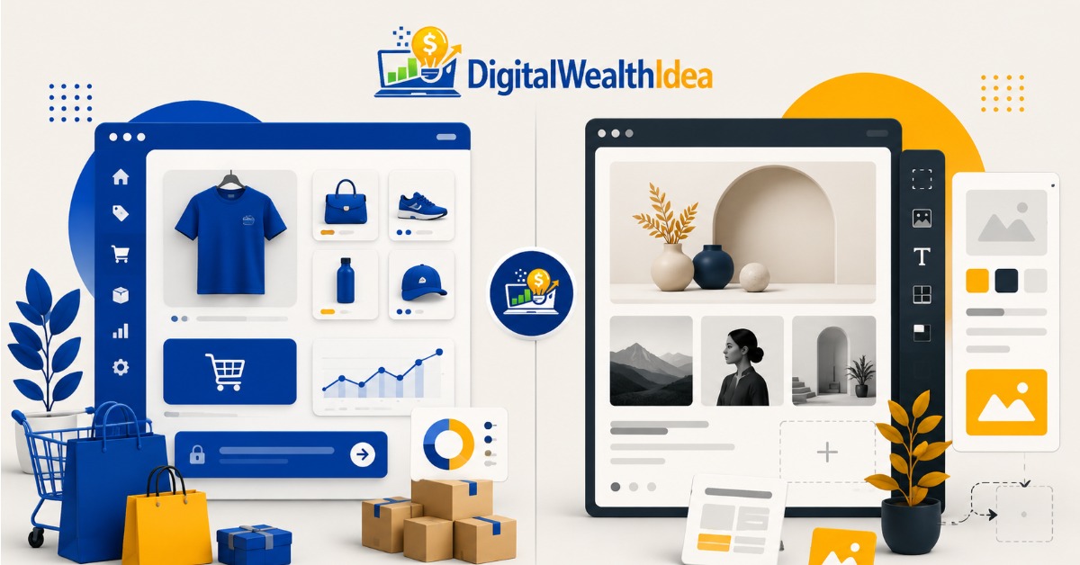 Shopify vs Squarespace comparison illustration showing an ecommerce dashboard beside a website builder interface in Digital Wealth Idea brand colors.